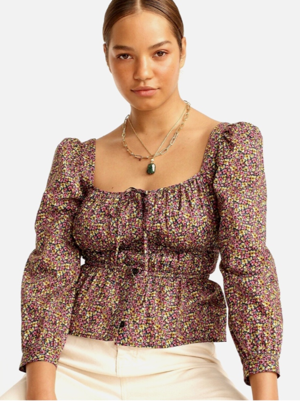 J. Crew x Liberty Floral Cottage Core Smocked Cropped Blouse Tie Button Front